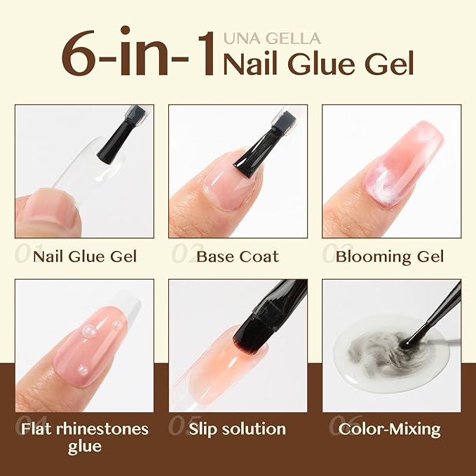 UNA GELLA 6 in 1 Gel Nail Glue for Clear Acrylic Nails Tips, 2Pcs 15ml Super Strong Brush UV Nail Glue Long Lasting Lamp Curing Required for Fake Nails Tips, Christmas Nail Art