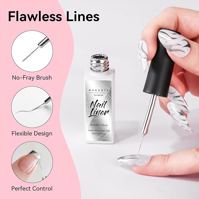 Makartt Metallic Silver Liner Gel Nail Polish: Mirror Chrome Effect Nail Polish with Built in Thin Brush, Soak Off Gel UV/LED for DIY Manicure, Home, and Salon Nail Art Designs 8ml