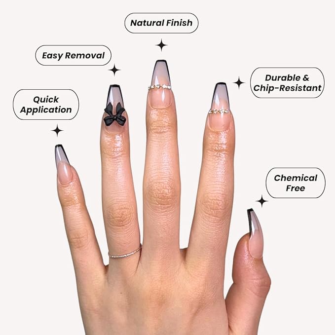 Perfect Look Press On Nails - Bow French | No Glue One-Day Long Coffin Nails, Black French Nude Nails with 3D Bow - 24 Pcs Nail Kit with Adhesive Tabs