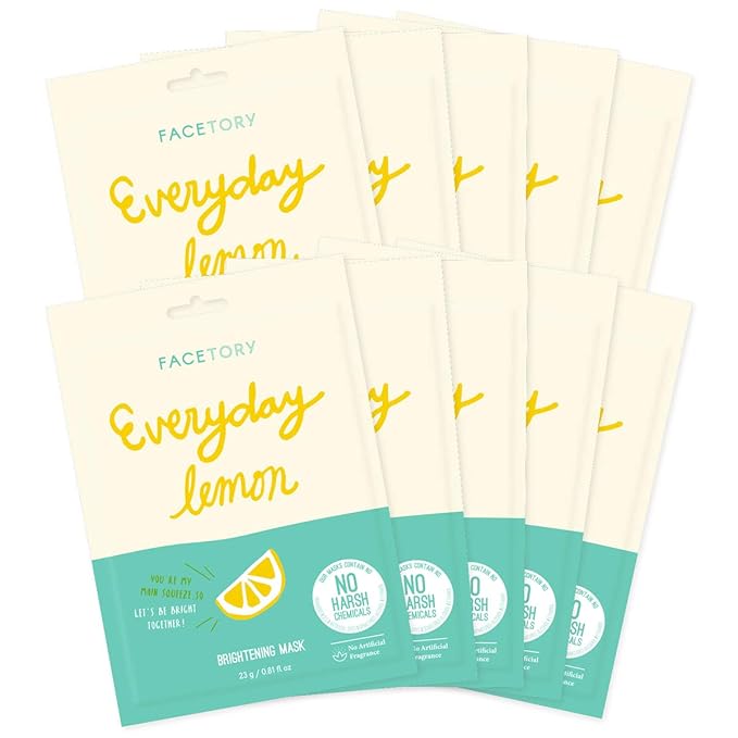 FACETORY K Beauty Face Mask Skin Care - Everyday LEMON Brightening Sheet Mask | Plant-Based with Lemon Extract (10 Pack)