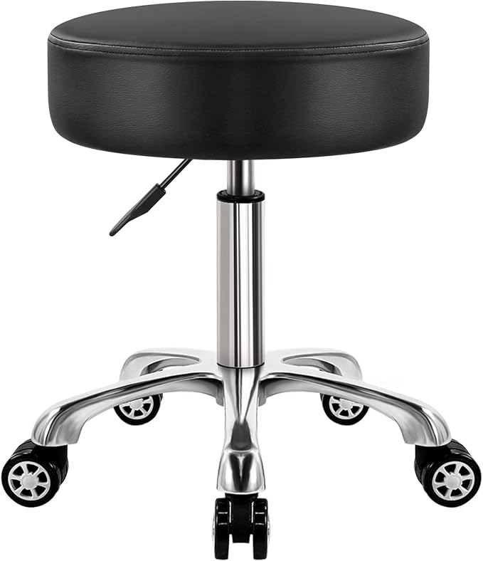 Heavy Duty Rolling Stool with Wheels, 360 Swivel, Adjustable Height, Black, Modern Style, Faux Leather Seat, Aluminum Alloy Base, Kitchen, Garage, Garden, Outdoor, Bar