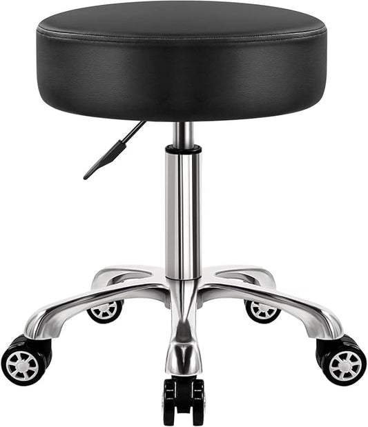 Heavy Duty Rolling Stool with Wheels, 360 Swivel, Adjustable Height, Black, Modern Style, Faux Leather Seat, Aluminum Alloy Base, Kitchen, Garage, Garden, Outdoor, Bar