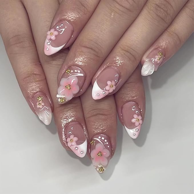 24pcs White French Tip Press on Nails Short Almond Fake Nails with 3D Pink Flower Pearl Designs Gold Beads Stick on Nails Summer False Nail Tips Cute Floral Acrylic Nails Glue on Nails for Women