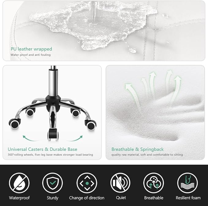 FURWOO Oval Rolling Stool Height Adjustable Massage Chair with Wheels for Spa Salon White