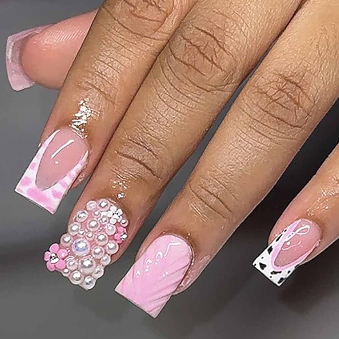 French Press on Nails Medium Long Pink Fake Nails Square Bling Glossy 3D Flower Design False Nail Tips Artificial Nails Finger Manicure for Women and Girls-24pcs