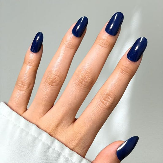 Perfect Look Press On Nails - Blue Ink | No Glue One-Day Long Oval Nails, Glossy Deep Blue Fake Nails for Bold Looks - 24 Pcs Nail Kit with Adhesive Tabs