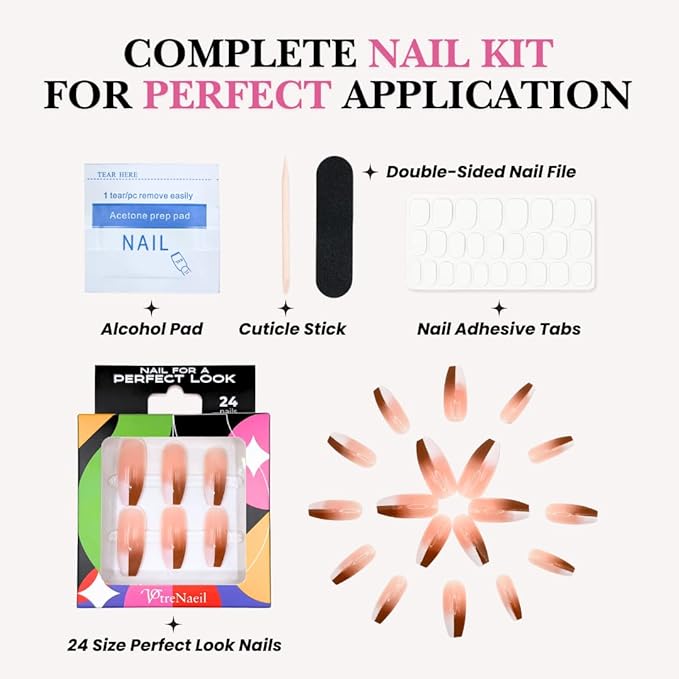 Perfect Look Press On Nails - Chic Glaze | No Glue One-Day Long Coffin Nails, Glossy Pink Swirl French Fake Nails - 24 Pcs Nail Kit with Adhesive Tabs