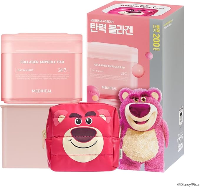 MEDIHEAL Toner Pads [Collagen] - Disney Pixar Edition - Skin Firming & Restore Elasticity & Deep Hydration - Tighten Wrinkles & Lines - Vegan Fabric, Full Size 100 + Refill 100 (200 Count)