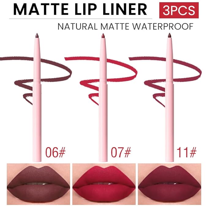 Kaely 3Pcs Matte Velvet Lip Liner Pencils Retractable for Shaping & Sculpting Lips, Lip Pencils for Women Long Lasting Waterproof Rich Lip Colors Liner Crayon Lipstick delineador de labios 06&07&11