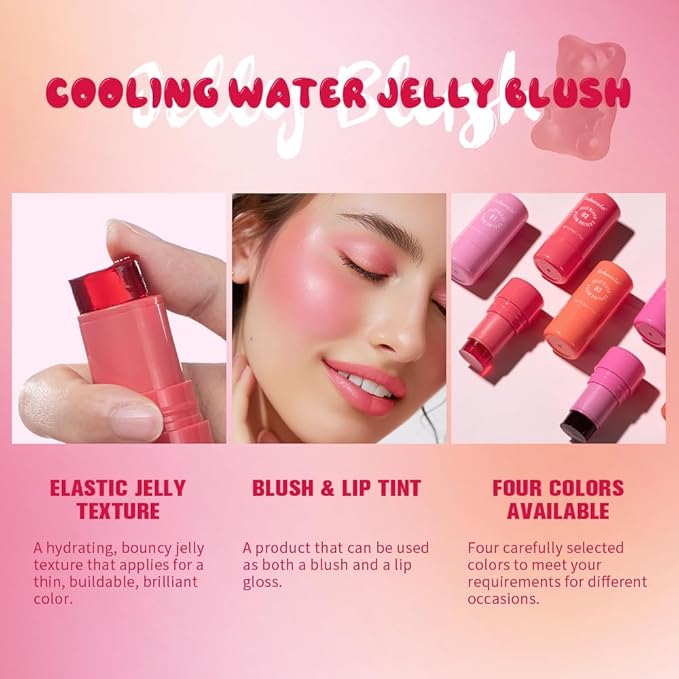 Jelly Cooling Blush Stick, Milk Water Tint, Clear Glossy Long Lasting Sheer Lip & Cheek Stain, Waterproof Light Non-Sticky Buildable Watercolor Finish-Vegan (#1 poppy pink, 0.17oz)