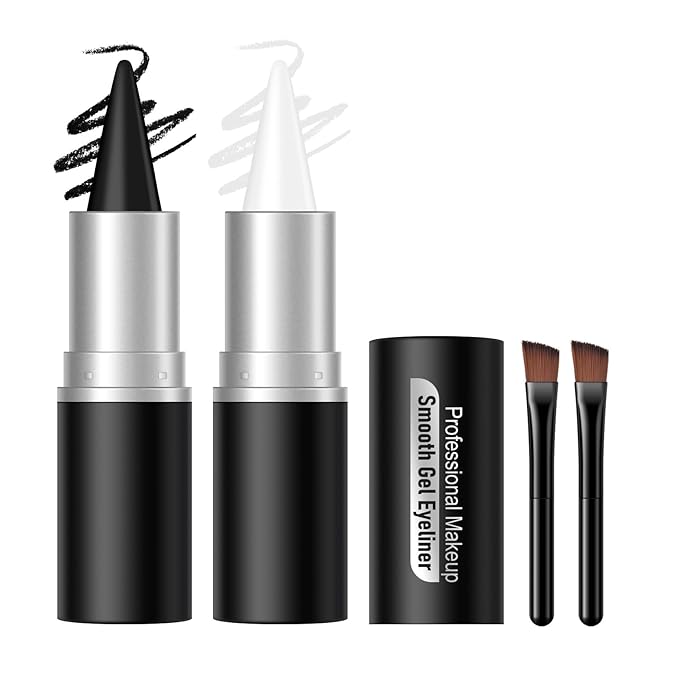 KYDA 2 Colors Black White Gel Eyeliner, Natural Black Eyeliner Cream for Older Women, Waterline Matte Eye Liner with Brushes, Waterproof Smudge Proof Smoky Eyeshadow, Multiuse Eyes Makeup Stick