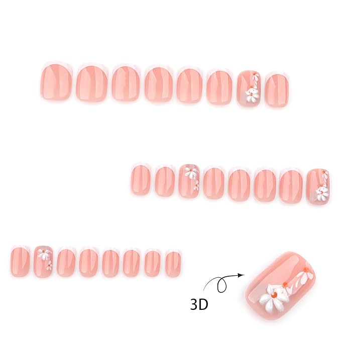 French Nude Press On Nails Short Square, Summer Fake Nails with White French Tip and 3D Daisy Flower Design, Glossy Gel Finish Acrylic Nails, Natural Reusable Glue On Nails Kit for Women, 24 Pcs