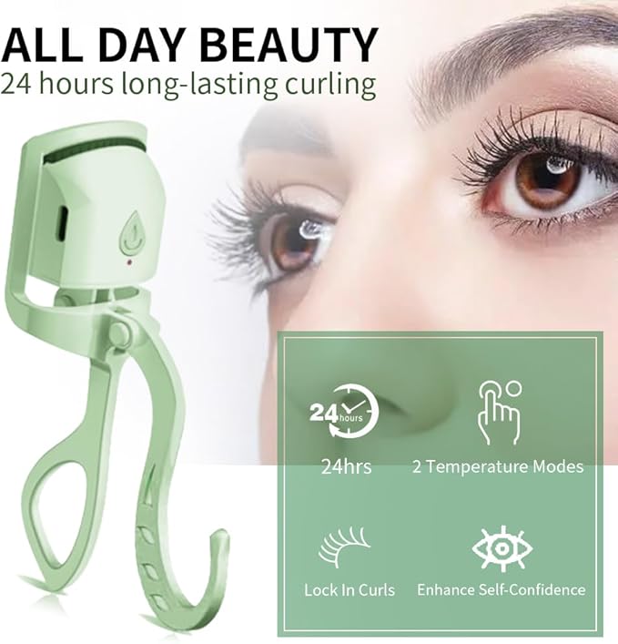 Heated Eyelash Curler – 5s Fast Heat-Up, 24H Long-Lasting Curls, Safe Anti-Burn Design – Rechargeable C-Shaped Electric Lash Curler for Stunning, Effortless Lashes, Green