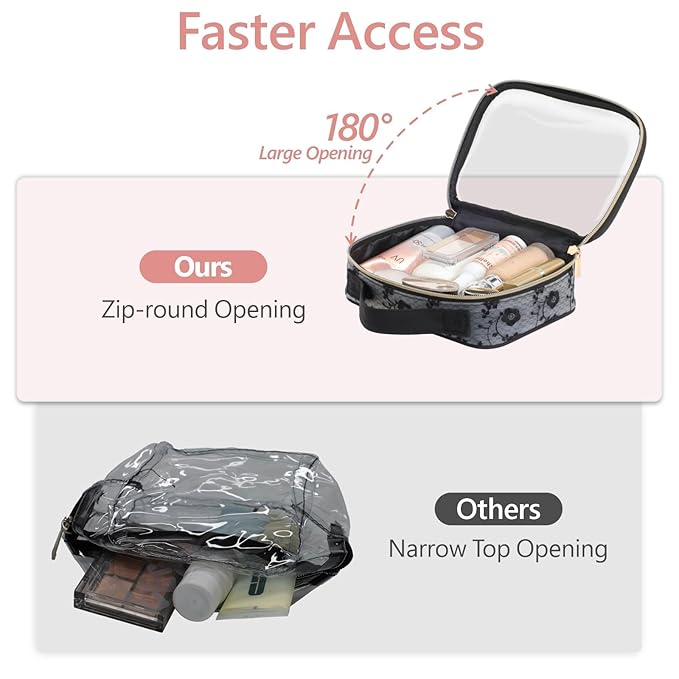 PACKISM TSA Approved Toiletry Bag - 180° Large Opening Clear Makeup Bags with Handle, Easily Access, Floral Texture Lace Clear Toiletry Bags for Traveling, Thick 0.5 mm No Smell, Black