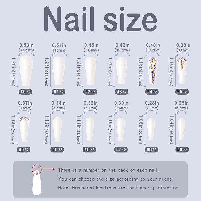 Yivaiks 24 PCS White Coffin Press on Nails Long Nails,Rhinestone Crystal Fake Nails with Nail Glue on Nails for Women,Ballerina Acrylic Nails Glossy False Nails