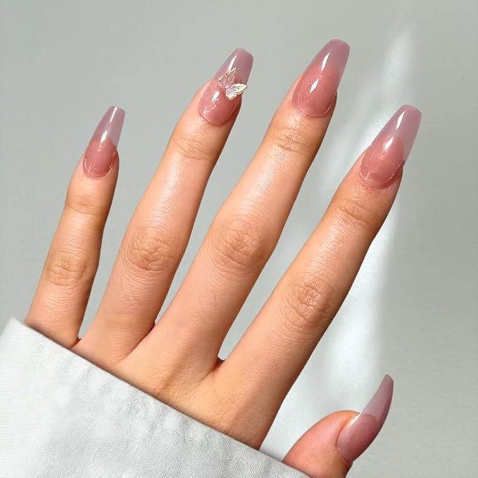 Perfect Look Press On Nails - Rose Wings | No Glue One-Day Glossy Pink Nude Coffin Nails with 3D Butterfly Accents - 24 Pcs Nail Kit with Adhesive Tabs