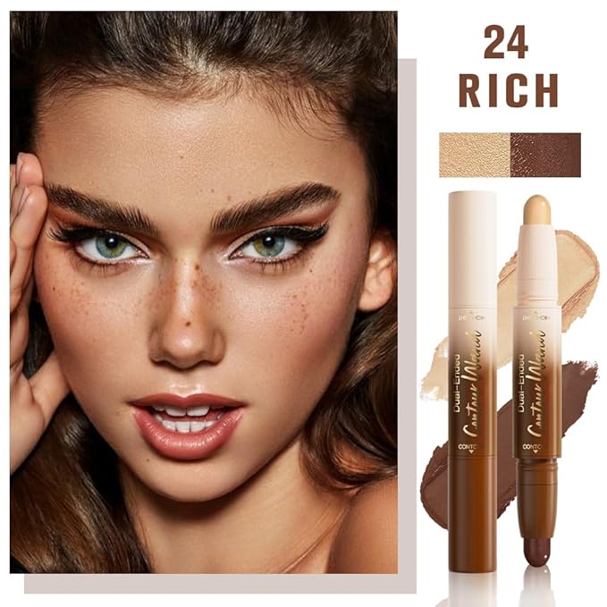 2in1 Cream Contour Highlighter Stick, Neutral Bronzer Makeup Sticks, Applies Dual-Ended Sculpting Stick for Face Body, Long Lasting Waterproof No Smudging, Suitable for Makeup Beginners- Rich