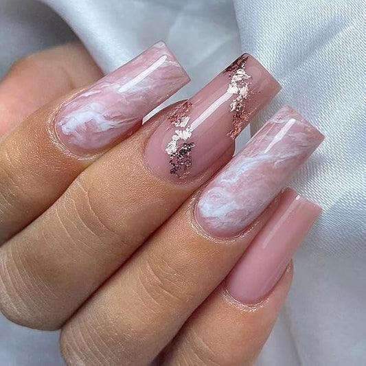 Press on Nails Medium Square Fake Nails Pink Marble Acrylic Nails with Gold Foil Design Glossy Acrylic False Nails Full Cover Glue on Nails for Women Girls 24 Pcs