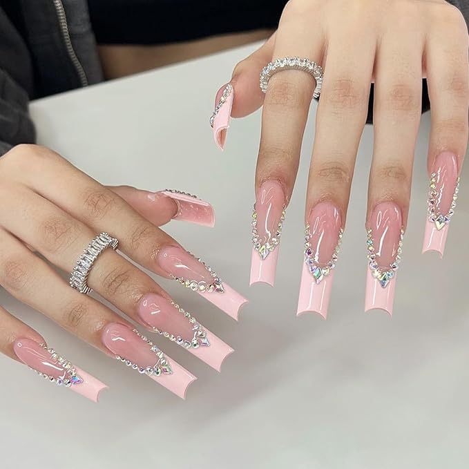 24Pcs Long Press on Nails Coffin French Tip Fake Nails with Rhinestone Bling Design Coffin Shaped Full Cover White Nails Tips Acrylic Nails Glossy Glue on Nails Artificial French False Nails for Women
