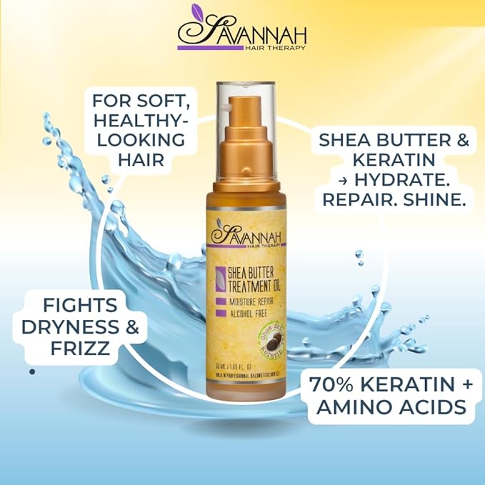 Savannah Hair Therapy Hair Oil with Shea Butter for Frizzy, Dry & Damaged Hair, Hydrating Keratin Treatment Oil, 1.69oz/50ml