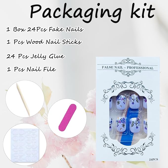 Short Square Press on Nails Purple Flower Fake Nails with Glossy Designs Cute Glue on Nails Full Cover Acrylic Nails Spring Summer False Nails Reusable Stick on Nails for Women Nail Art Decor 24pcs