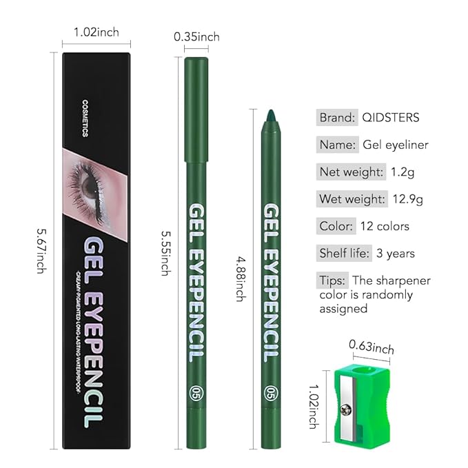 Forest Green Matte Gel Eyeliner Pencil, Multi-Use Waterline Eyeliner with Sharpener, Sharpenable Eye Liner Waterproof Smudge Proof, High Pigmented Eye Makeup Liners, Vegan & Cruelty-Free 05