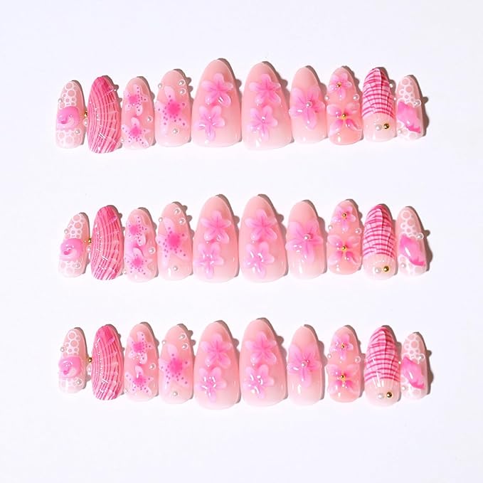 30Pcs Flower Press on Nails Medium Almond Fake Nails with 3D Pearl Floral Designs Pink False Nails Stick on Nail Summer Ocean Beach Acrylic Nails Flowers and Pearls Glue on Nail for Women