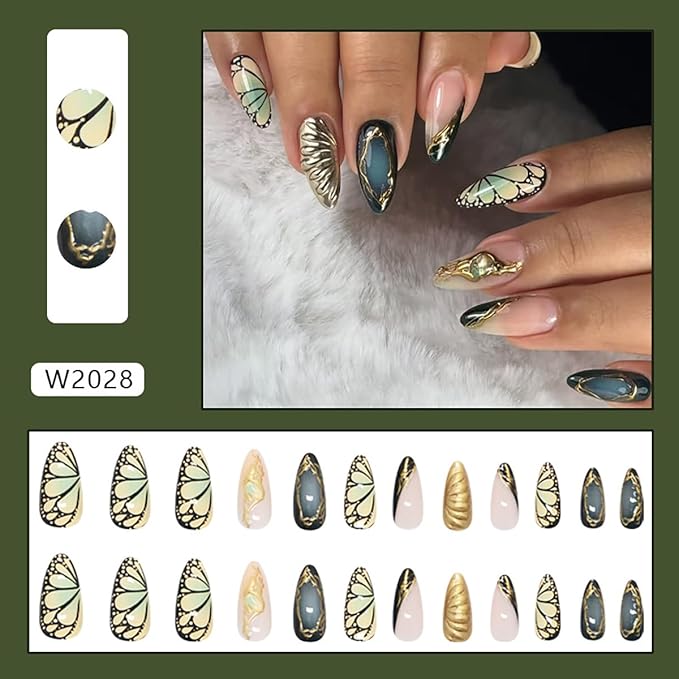 Green Gradient Butterfly Press on Nails Medium Almond Fake Nail Dark False Nail 3D Ripple Glue on Nails Gold Irregular Lines Acrylic Nail Summer Stick on Nails for Women Manicure 24Pcs