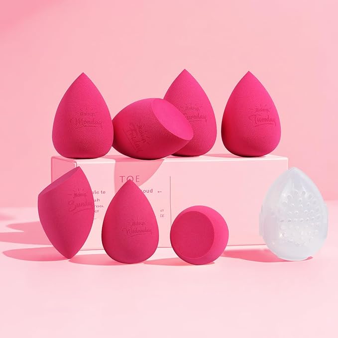 Real Perfection Makeup Sponge Set Blender Sponges, Latex-Free Beauty Makeup Sponges 7 pcs with 1 Travel Container Case for Blending Foundation Liquid Cream and Powder (Rose Red)