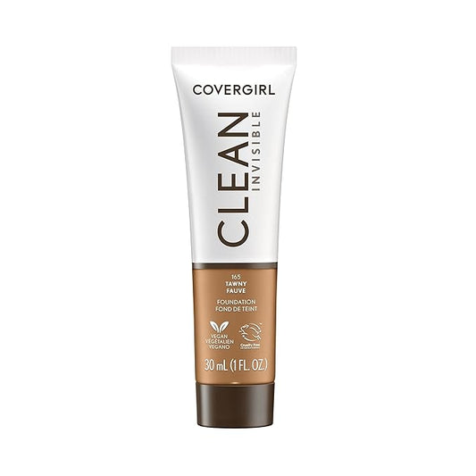 COVERGIRL Clean Invisible Foundation Makeup, Dewy & Glowy Natural Finish, Buildable Coverage, Skin-Like Smooth Look, Vegan, Tawny, 1oz