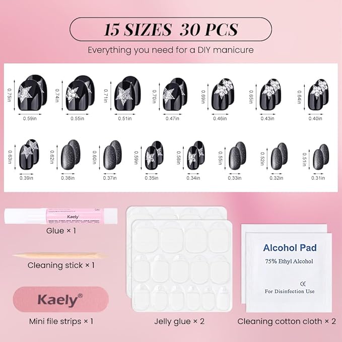 evpct Black Goth Cat Eye Short Press on Nails Oval, Short Oval Glue on Nail for Women Gift, Gothic Silver Star Metallic Glitter Glossy Reusable Spring Summer Gel Press on Acrylic Fake Nail with Design