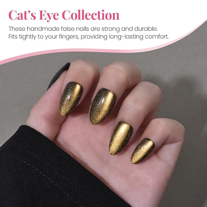 evpct Cat Eye Gold Press on Nails Almond Short, Gold Metal Short Almond Soft Gel Press on Nails with Nail Glue, Fit Perfectly, 30Pcs Reusable Acrylic Fake Press-on Nail Polish Kit for Women Gift