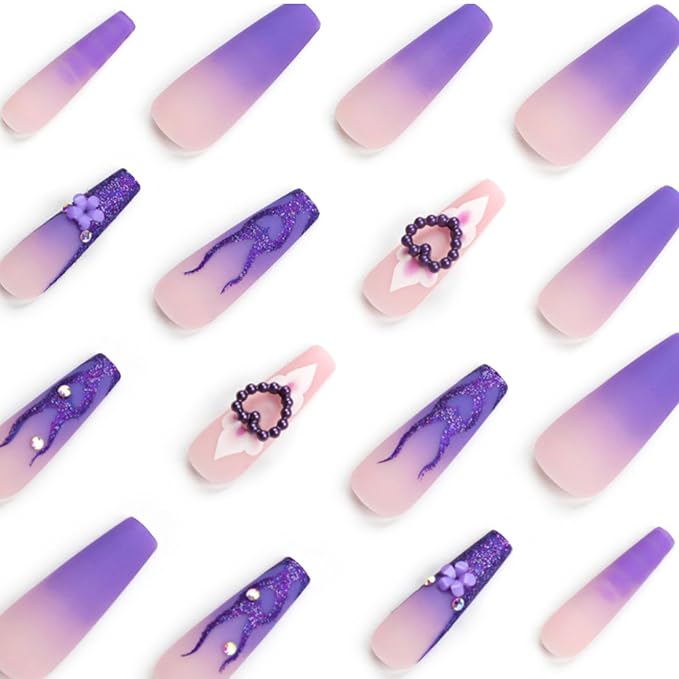 Hkanlre Purple Press on Nails Heart Fake Nails Tips Full Cover False Coffin Long Fire Nails for Women and Girls 24PCS