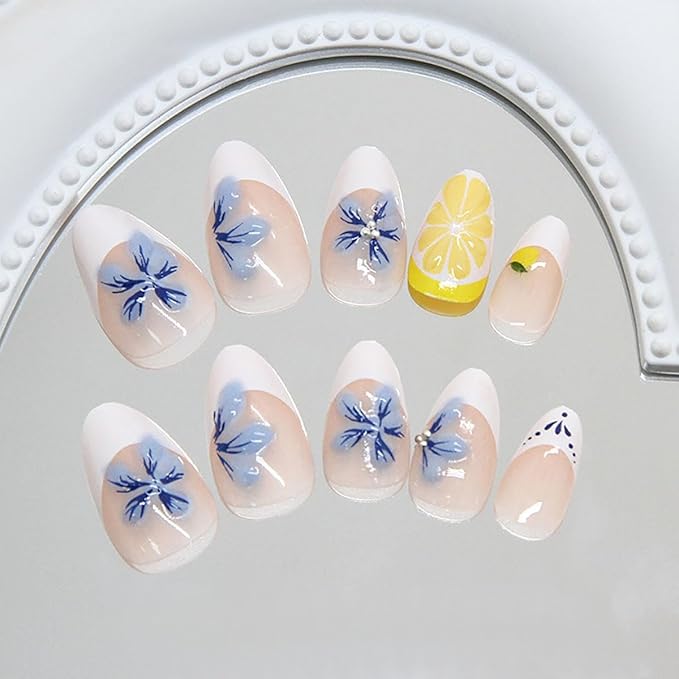 Long French Tips Press on Nails Flower Fake Nails Fruit False Nails 3D Blue Floral Lemon Nude White Design Glossy Stick on Nail Summer Glue on Nail for Women Decoration Salon Manicure