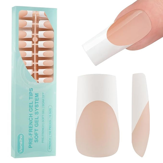 Vansiho French Gel Nail Tips, 150Pcs Long Square Gel Nail Tips, French Tips Press on Nails, French Square 3 in 1 Pre-French Gel Tips, Fake Nails for Nail Art DIY 15 Sizes
