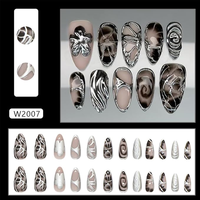 3D Silver Press on Nails Medium Almond Fake Nails with Metallic Line Designs Y2k Nails Chrome False Nails Gothic Glue on Nails Black Leopard Print Artificial Full Cover Stick on Nails for Women 24Pcs