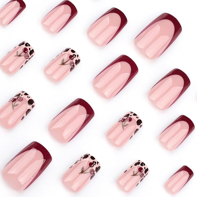 French Press On Nails Short Square, Pink Fake Nails with Leopard French Tips and Cherry Garnish Designs, Glossy Gel Finish Acrylic Press On Nails, Thick Natural Glue On Nails Kit, Leopard Cherry