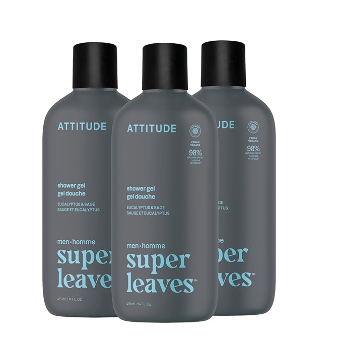 ATTITUDE Shower Gel Body Wash for Men, 98% Natural Origin Ingredients, Paraben & Phthalate Free, EWG Verified, Cleanses Without Drying, Eucalyptus & Sage, 14 Fl Oz (Pack of 3)
