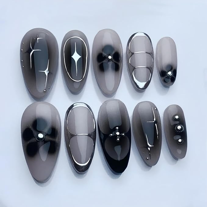 24Pcs Black Press on Nails Medium Almond Fake Nails Black Flower with Silver Star Full Cover Glue on Nails Reusable Acrylic Star False Nails Glossy Stick on Nails for Women Girls Manicure Salon Kits