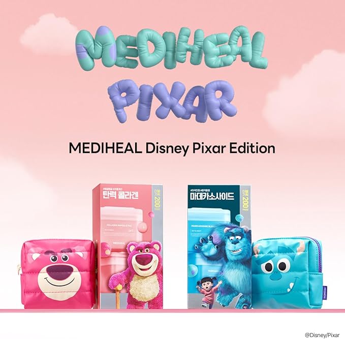 MEDIHEAL Toner Pads [Collagen] - Disney Pixar Edition - Skin Firming & Restore Elasticity & Deep Hydration - Tighten Wrinkles & Lines - Vegan Fabric, Full Size 100 + Refill 100 (200 Count)