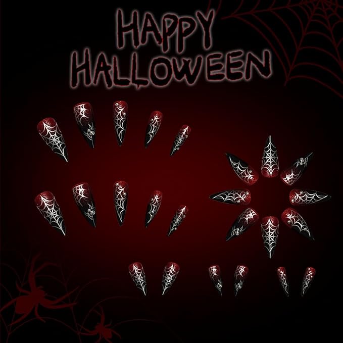 Halloween Press on Nails Long Fake Nails Glitter False Nails Red Black Gradient Silver Spider Web Bead Design 3D Spider Glue on Nail Full Cover Acrylic Nail for Women DIY Salon Manicure Kit