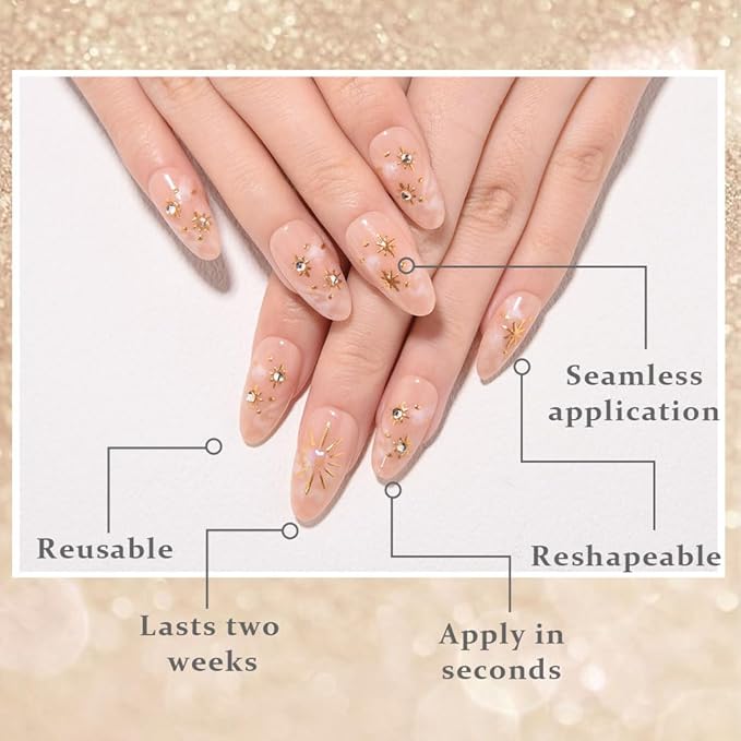 3D Boho Stars Gold Press On Nails Almond Medium 30Pcs, Heart Charms Design Reusable Acrylic Nails Press Ons, Fake Nails With Cute Celestial Glue On Nail, Daily Wear False Nail For Women