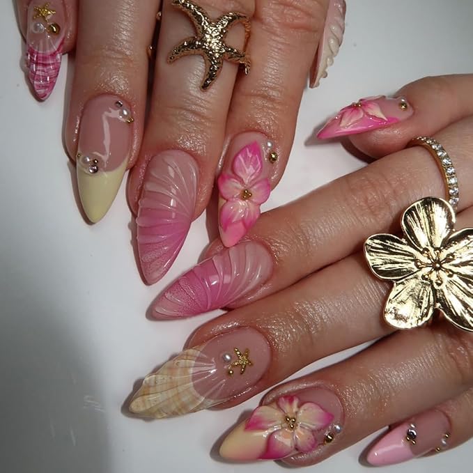 24Pcs Pink Flower Press on Nails Medium Almond French Tip Fake Nails 3D Hawaii Hibiscus Flower with Gold Shell Starfish Design Stick on Nails Summer Beach False Nails Glue on Nail for Women Acrylic