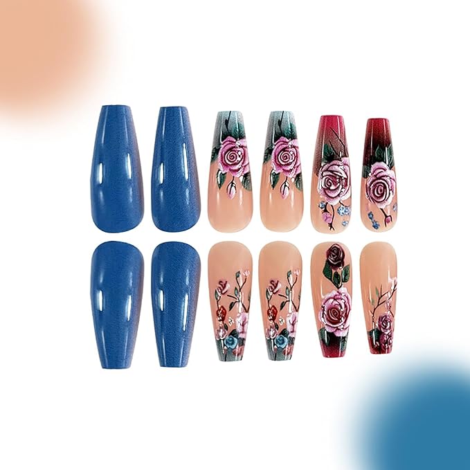 Rose Flower Press on Nails Long Length Blue Pink Gradient Acrylic False Nail Full Cover Glossy Ballet Shaped Artificial Stick on Nail 24Pcs Blossom Artificial Fingernails DIY Glue on Nails for Women