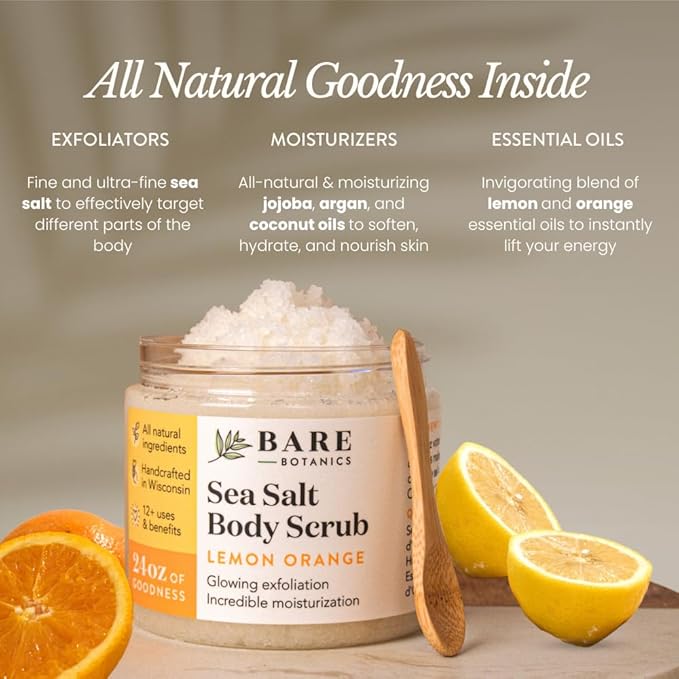 Bare Botanics Lemon Orange Body Scrub 24oz | Made in Madison, WI | All Natural Sea Salt Exfoliator w/ Skin Loving Moisturizers | Vegan & Cruelty Free | Gift Ready Packaging w/ a Cute Wooden Spoon