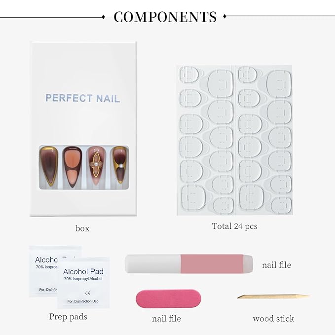 Elegant Gold and Burgundy Press-On Nails with Flower Design, Stiletto Shape, Rhinestone Accents, Reusable Full Cover Fake Nails, 24Pcs Set