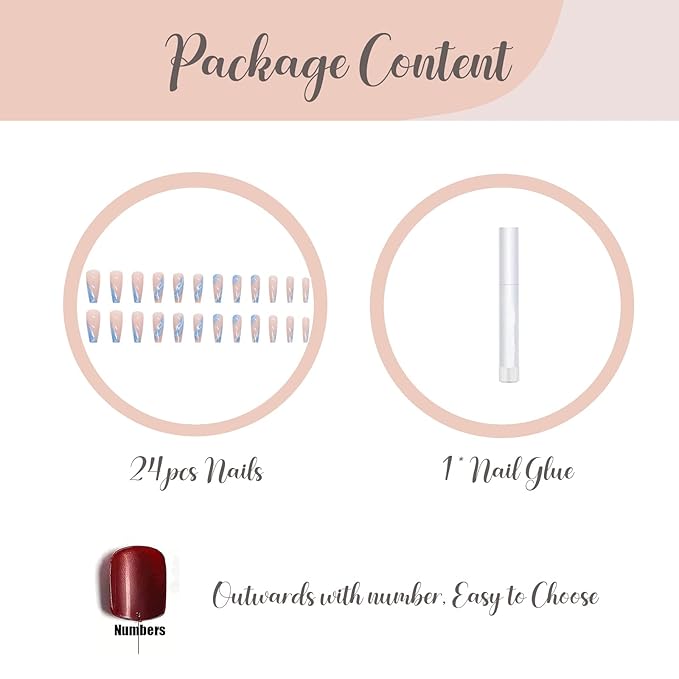 BABALAL Coffin Press-on Long French False Nails - 24pcs Blue Glossy Acrylic Nails with Nail Glue