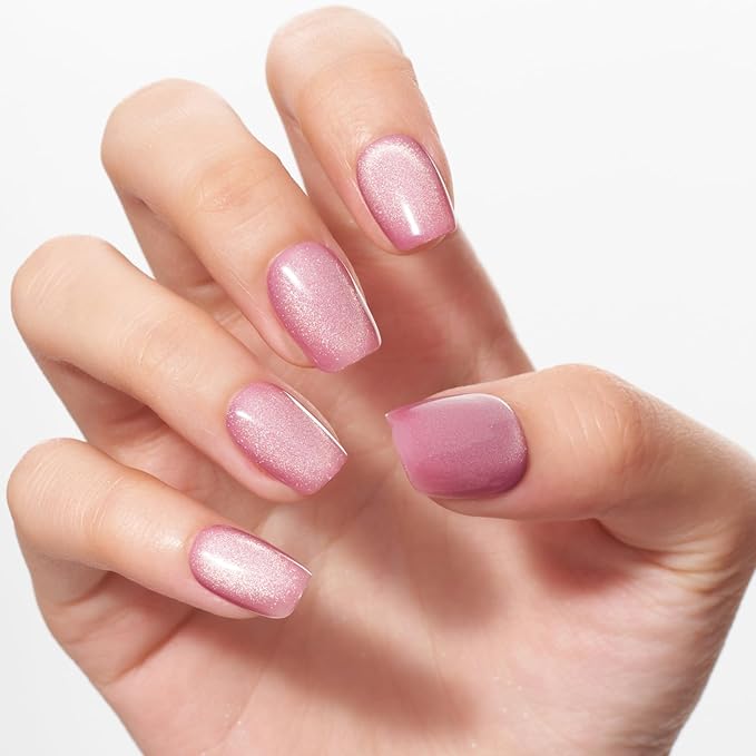 GLAMERMAID Pink Cat Eye Press on Nails Short Square, Handmade Magnet Cat Eye Jelly Gel Glitter Fake Nail Kit, Glitter Pink Acrylic Nails Art on False Reusable Acrylic False Nails for Women