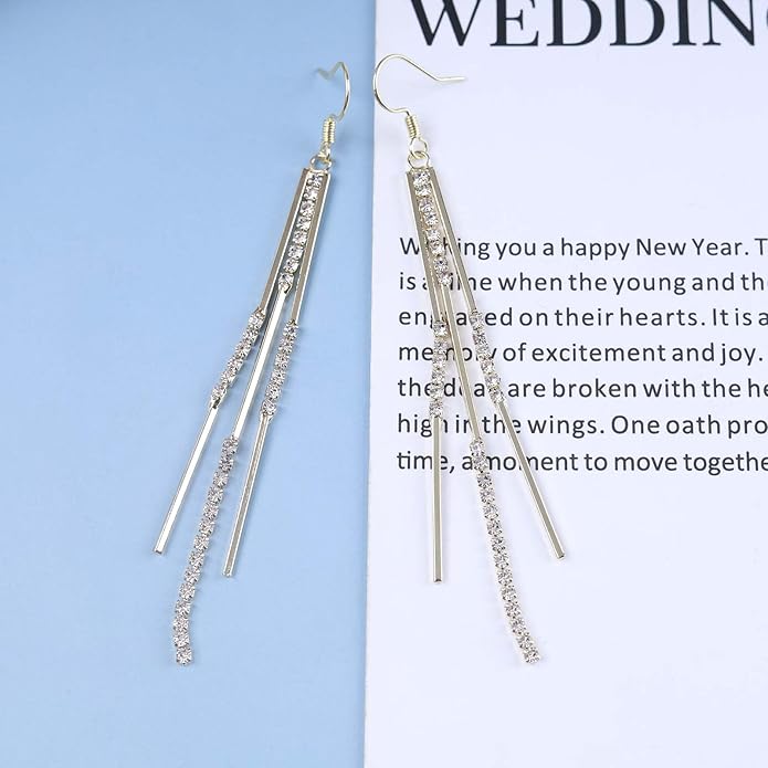 Vintage Crystal Tassel Earrings Rhinestone Bar Drop Earrings Long Rhinestone Chain Earrings Gold Cz Bar Hook Earrings Sparkle Tennis Chain Earrings Jewelry for Women