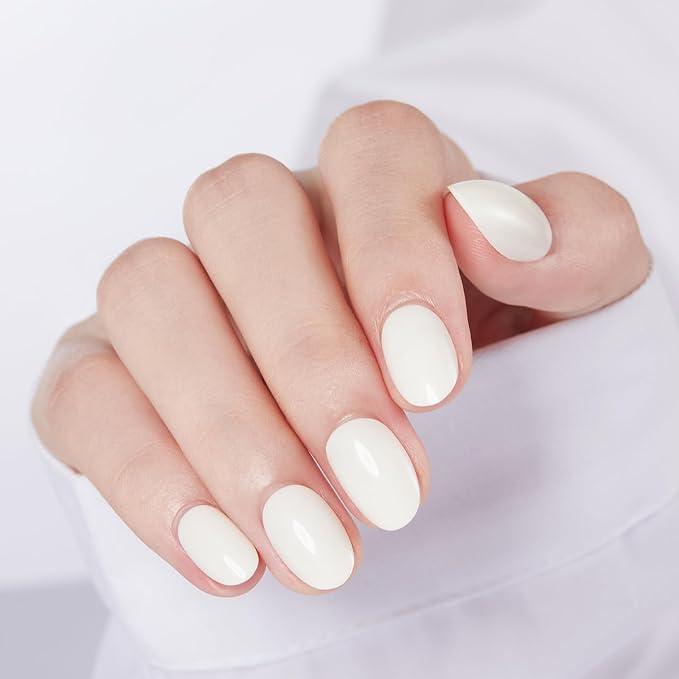 modelones Short Press on Nails, Oval Fake Nails Kit Press Ons with Nail Glue, Adhesive Tabs, Nail File, Prep Pad, Manicure Stick, 32Pcs 16 Sizes, Milky White, Christmas